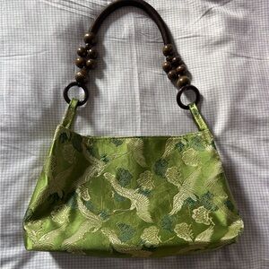 Green Jacquard Crane-Print Shoulder Bag